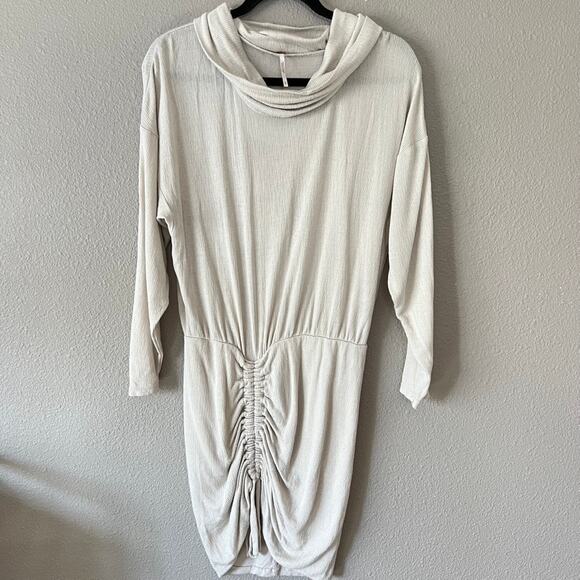 Free People Sundown Mini Dress Ruched Drawstring Side Cowl Neck Long Sleeve - Picture 2 of 8